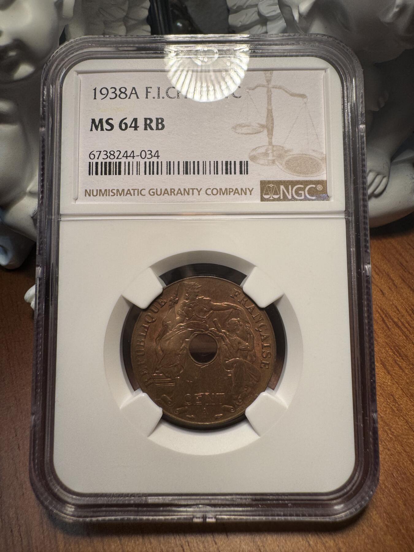 “一元初始，万象更新”新年新铺开张 全场免押0佣金 NGC 64RB 1938年法属印度支那中孔1分铜币，品相极佳，少见好品，饱满铜光