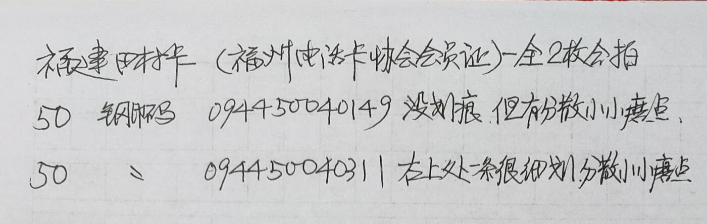 公藏第31期裸卡拍卖 福建田村卡（福建卡协会员证）一全2枚合拍，品相钢印码见图表。