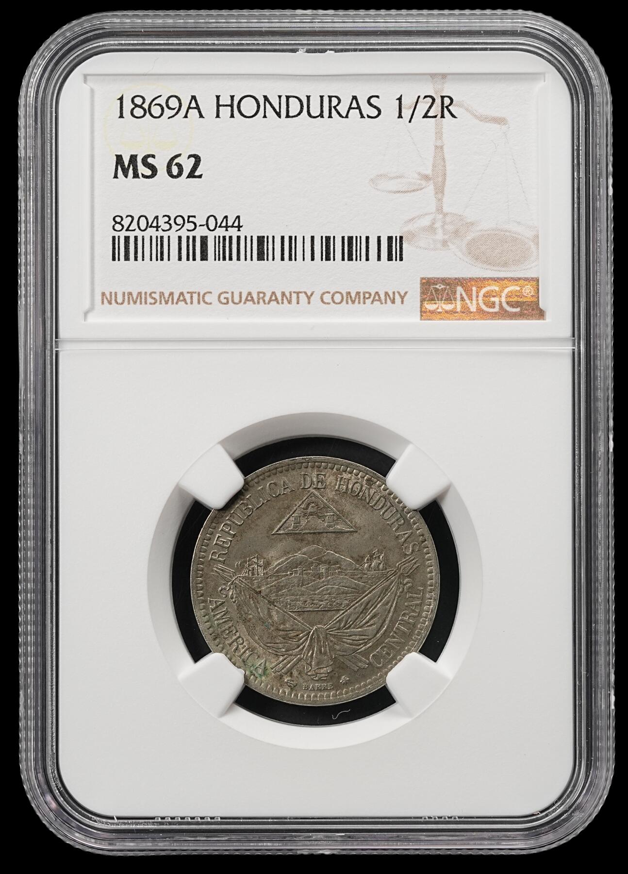 修遠堂世界钱币第五十二期 全场包邮 NGC MS62 1869年洪都拉斯1/2 REAL 少见品种