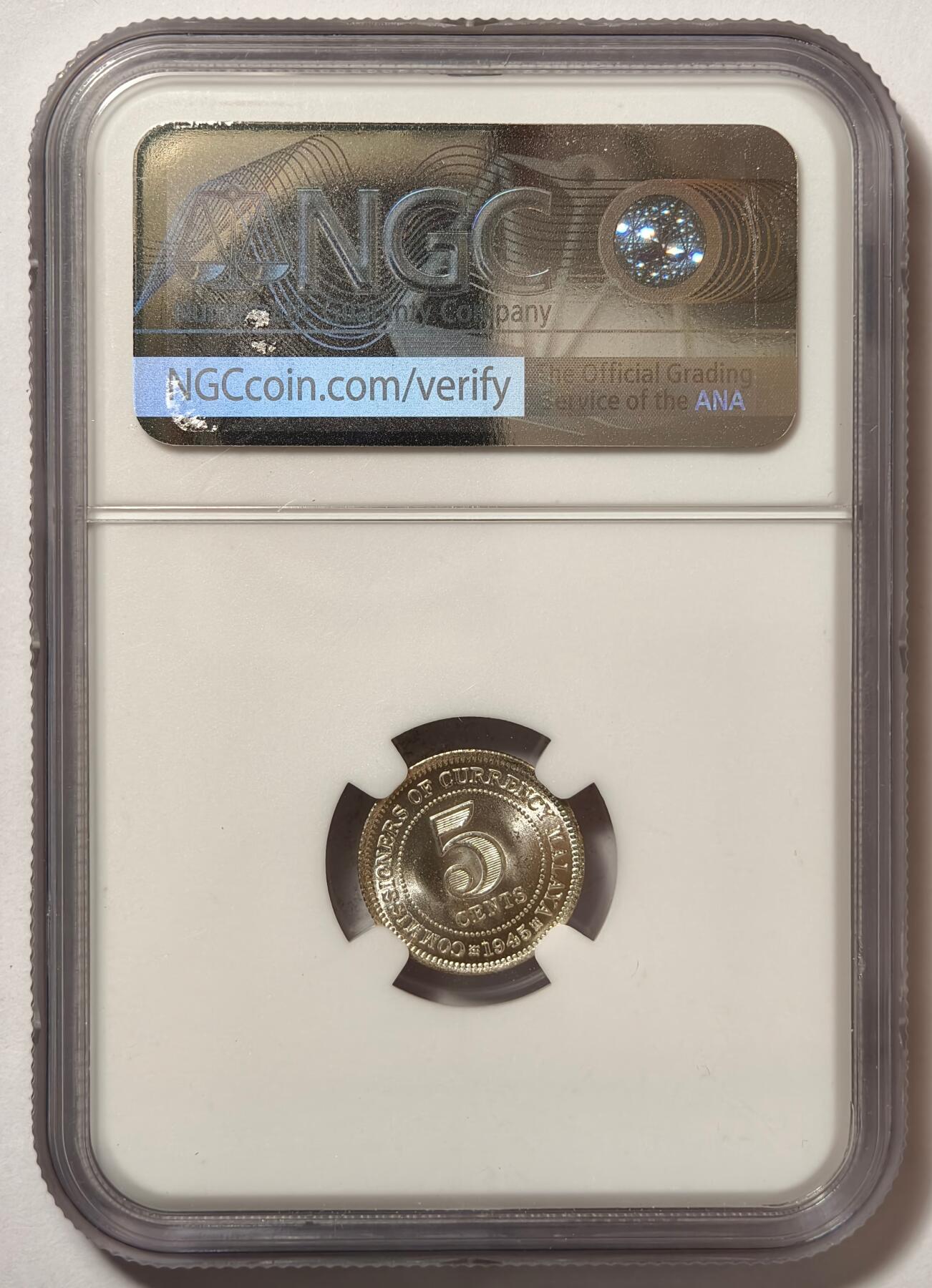 紫瑗钱币——第484期 马来亚 1945年 乔治六世 5分 银币 NGC MS63