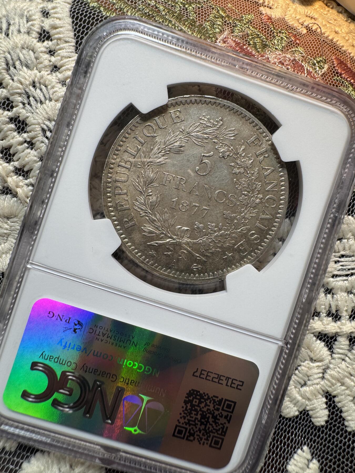 “一元初始，万象更新”新年新铺开张 全场免押0佣金 NGC MS63 1877年法国大力神5法郎，少见年份，高分更少，包浆自然