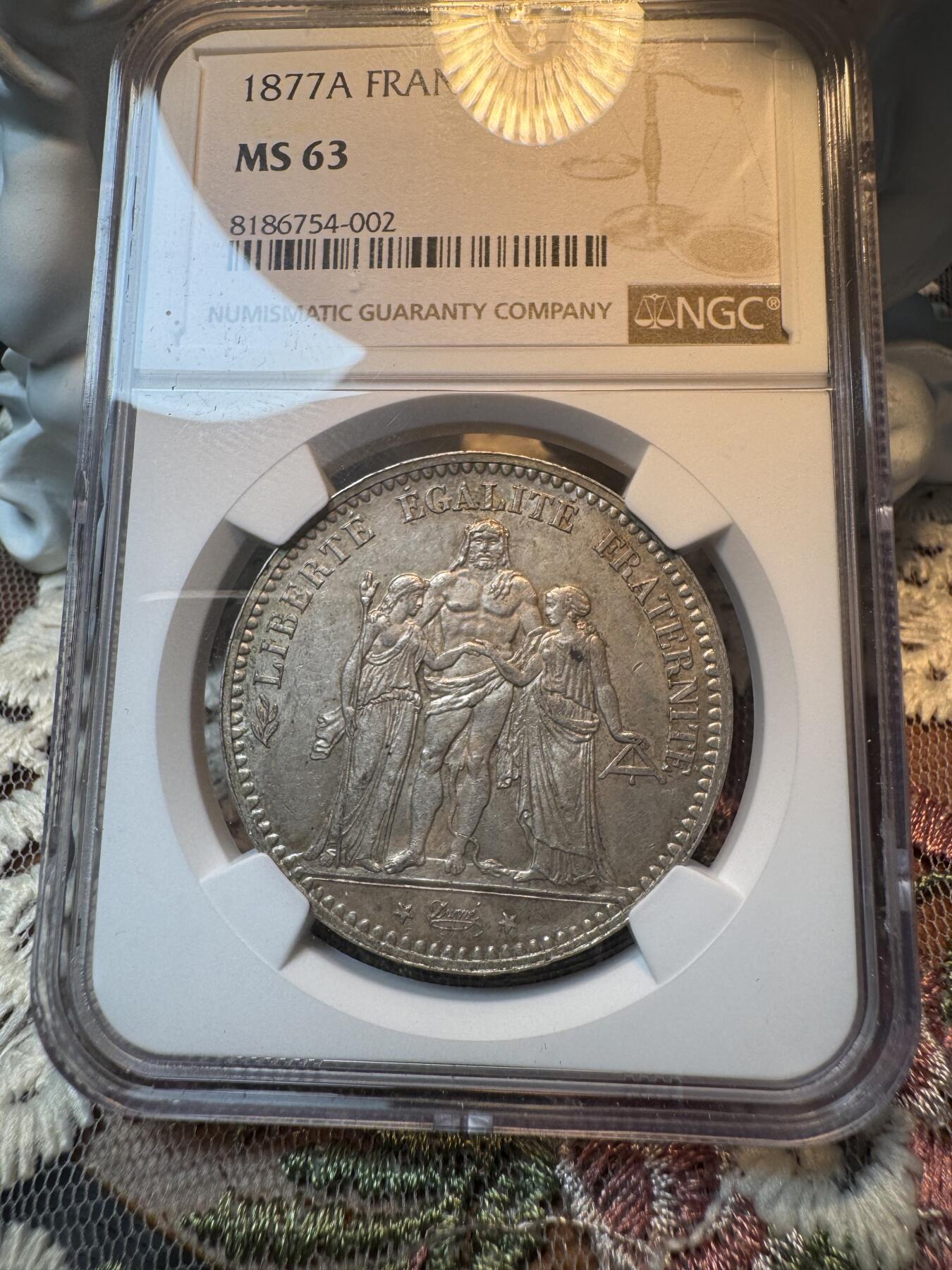 “一元初始，万象更新”新年新铺开张 全场免押0佣金 NGC MS63 1877年法国大力神5法郎，少见年份，高分更少，包浆自然