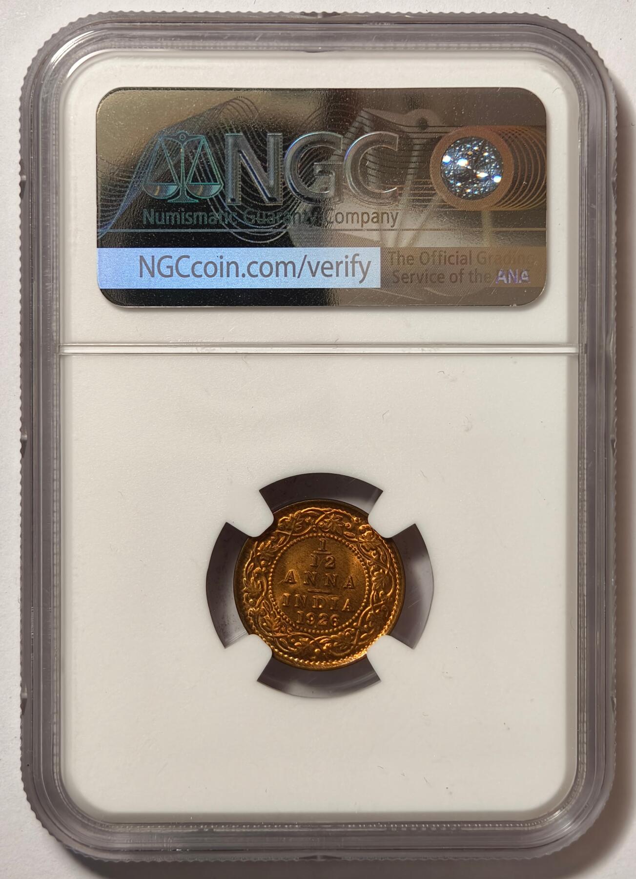 紫瑗钱币——第484期 英属印度 1926年 B版 乔治五世 1/12安娜 铜币 NGC MS65 RB