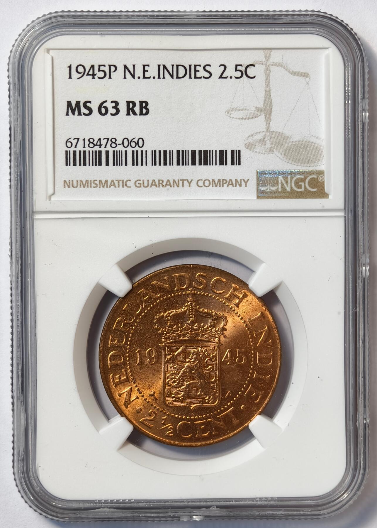 紫瑗钱币——第482期 荷属东印度 1945年 P版 2.5分 铜币 NGC MS63 RB