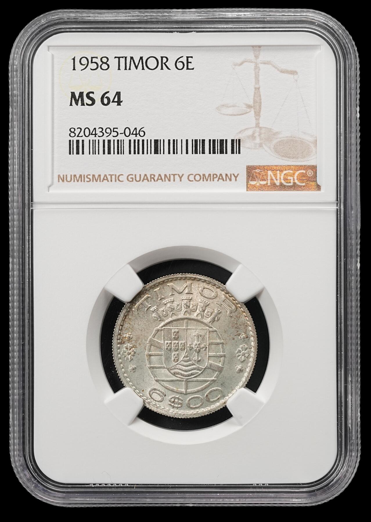 修遠堂世界钱币第五十二期 全场包邮 NGC MS64 1958年荷属东帝汶6 ESCUDOS银币