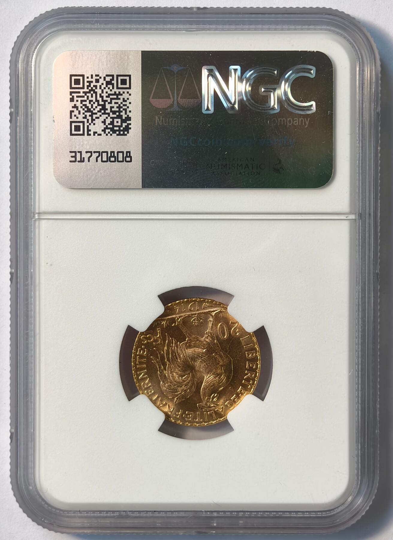 紫瑗钱币——第476期 法国 1914年 玛丽安娜 公鸡 20法郎 6.45克 0.9金 NGC MS66