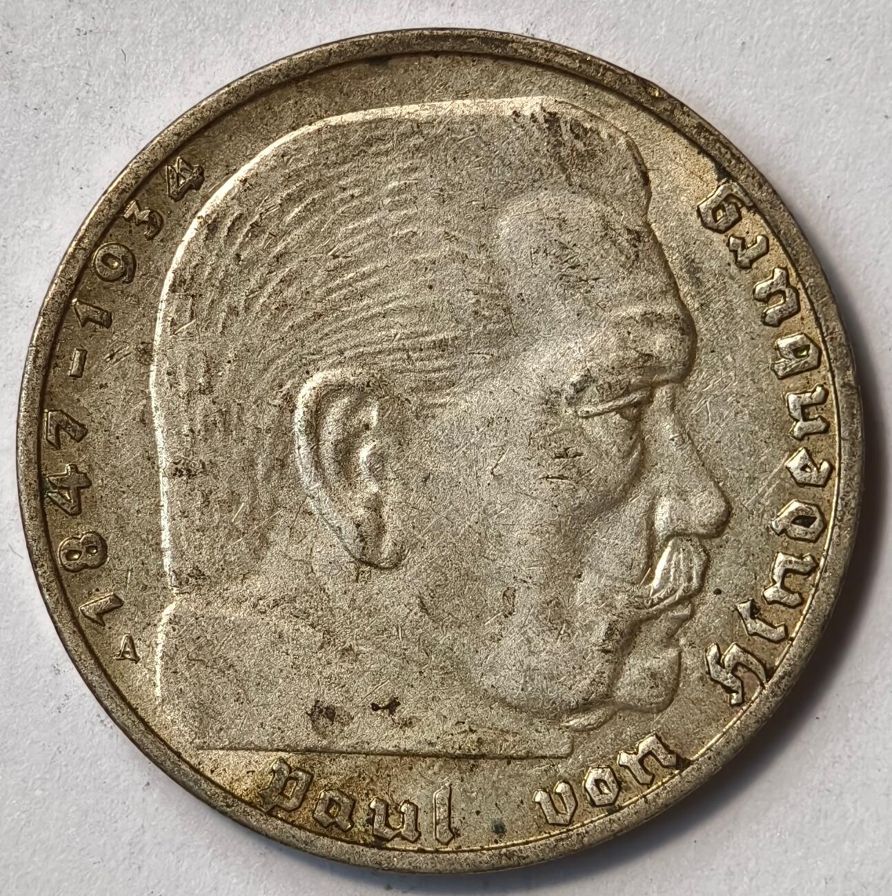 紫瑗钱币——第500期 德国 1939年 A版 兴登堡 字符 2马克 8克 0.625银