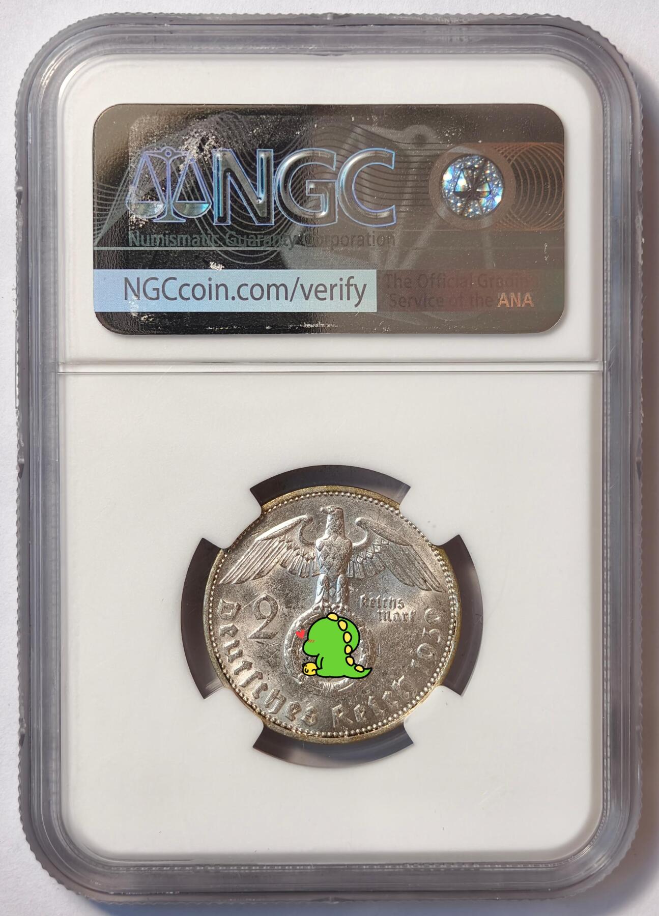 紫瑗钱币——第482期 德国 1939年 J版 兴登堡 字符 2马克 银币 NGC MS62