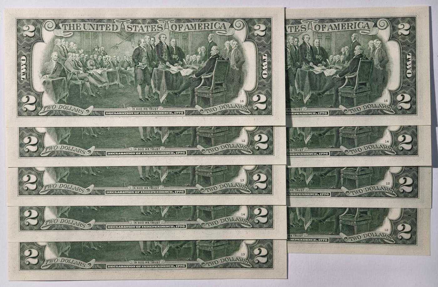 紫瑗钱币——第483期——纸币场 【双尾3 5  豹子号6】美国 托马斯.杰斐逊 2美元 UNC 9张一组 刀拆货