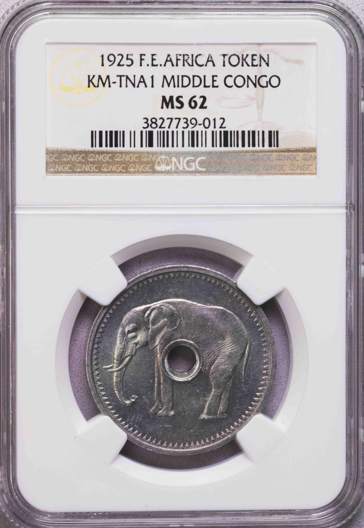 NGC/PCGS-MS62/63 1925/6法属赤道非洲大象和豹子代用币