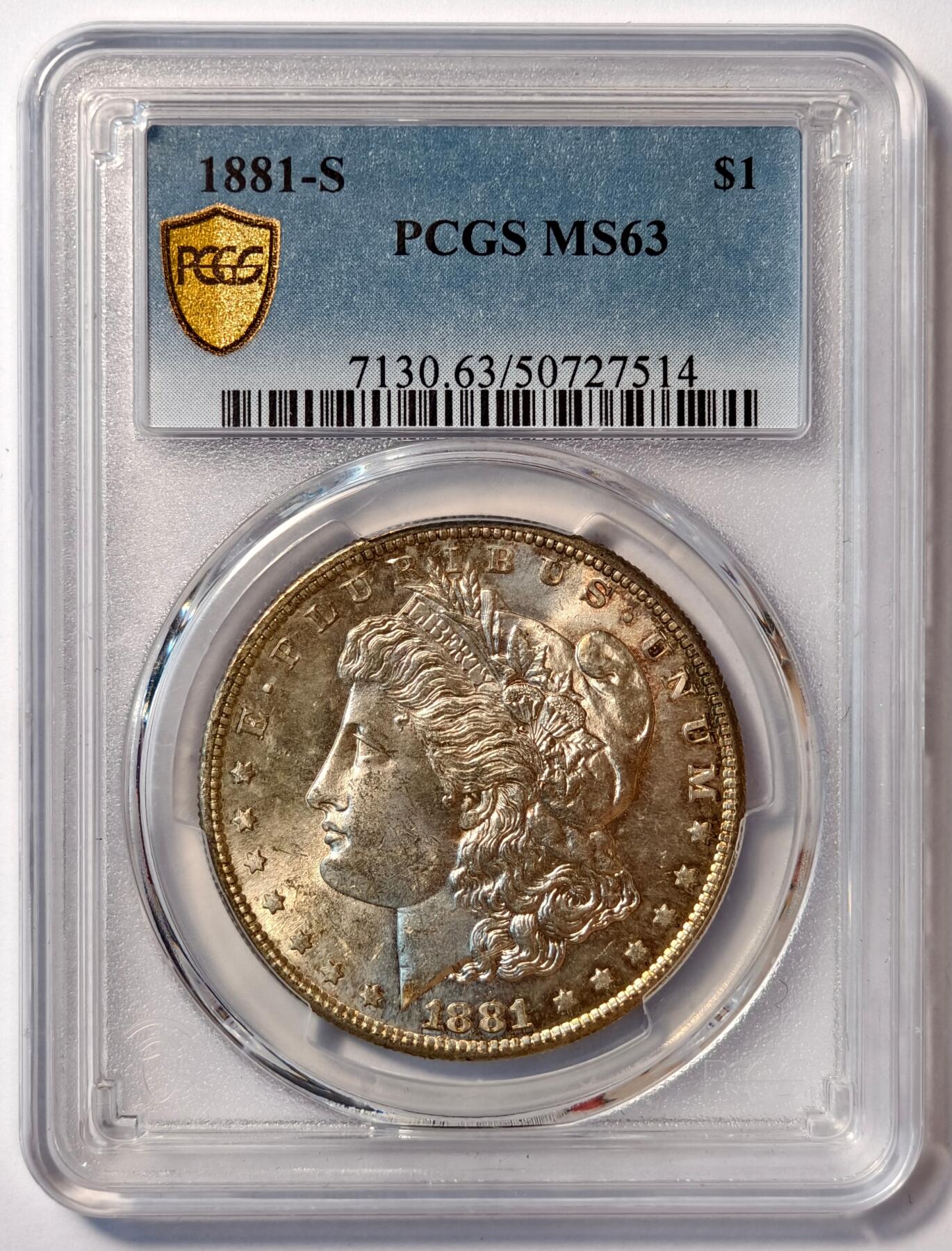 紫瑗钱币——第482期 美国 1881年 S版 摩根 大头妹 1美元 银币 PCGS MS63 淡彩