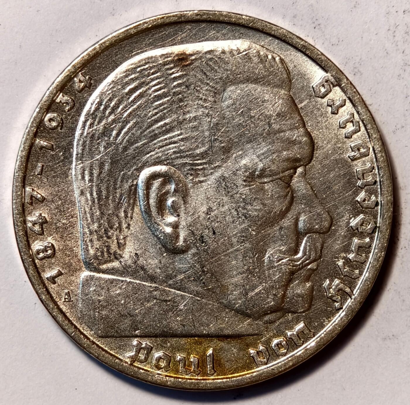 紫瑗钱币——第510期 德国 1936年 A版 兴登堡 字符 5马克 13.9克 0.9银