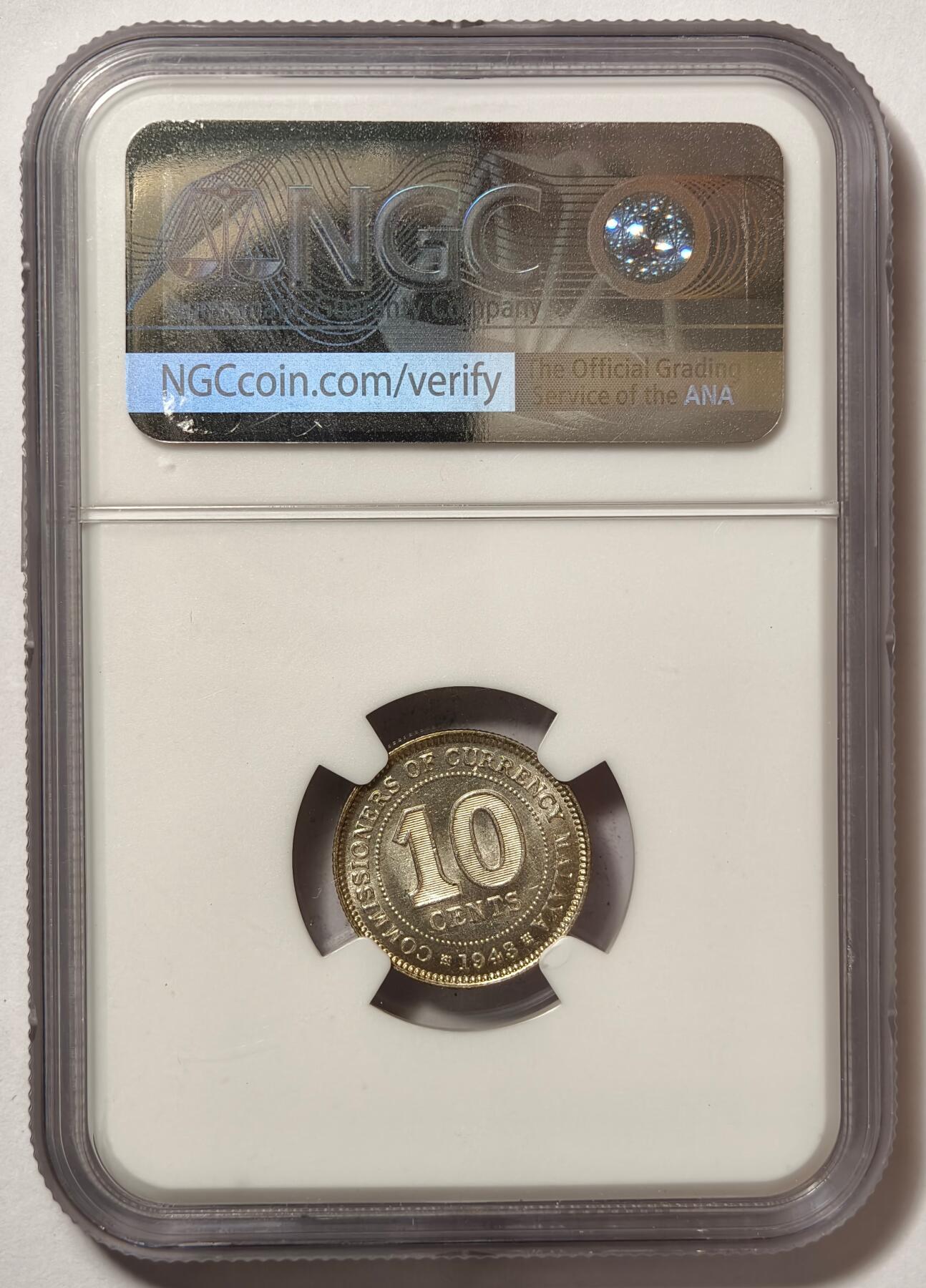 紫瑗钱币——第484期 马来亚 1943年 乔治六世 10分 银币 NGC MS63