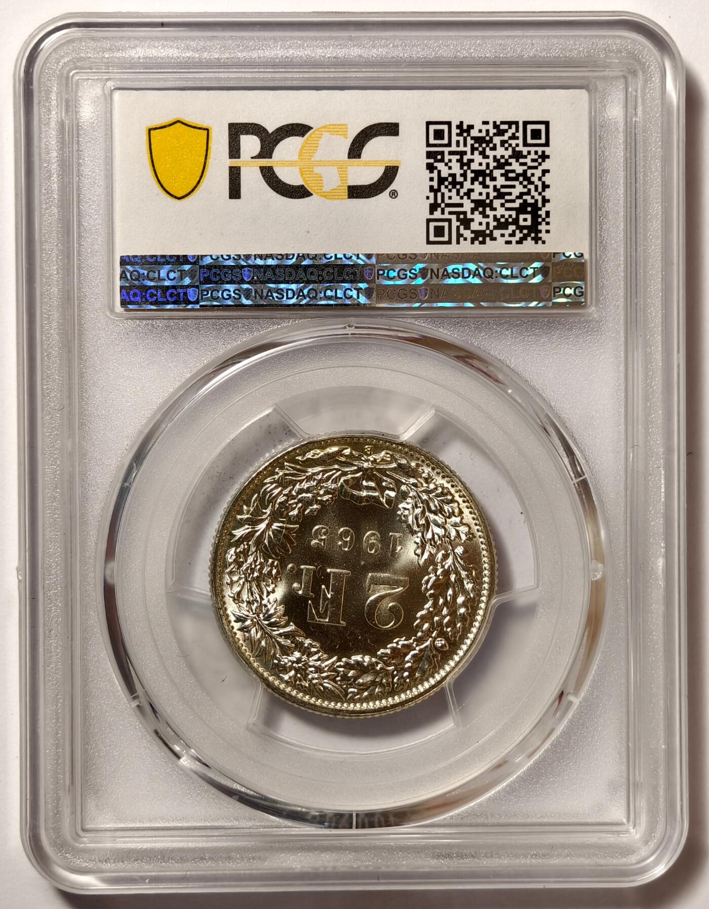 紫瑗钱币——第484期 瑞士 1965年 B版 赫尔维蒂亚 2法郎 银币 PCGS MS66