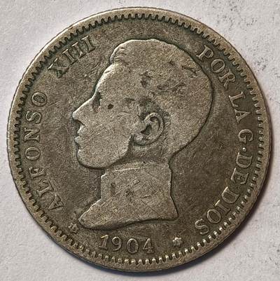 紫瑗钱币——第575期 - 西班牙 1904年 阿方索十三世 少年头 1比塞塔 5克 0.835银