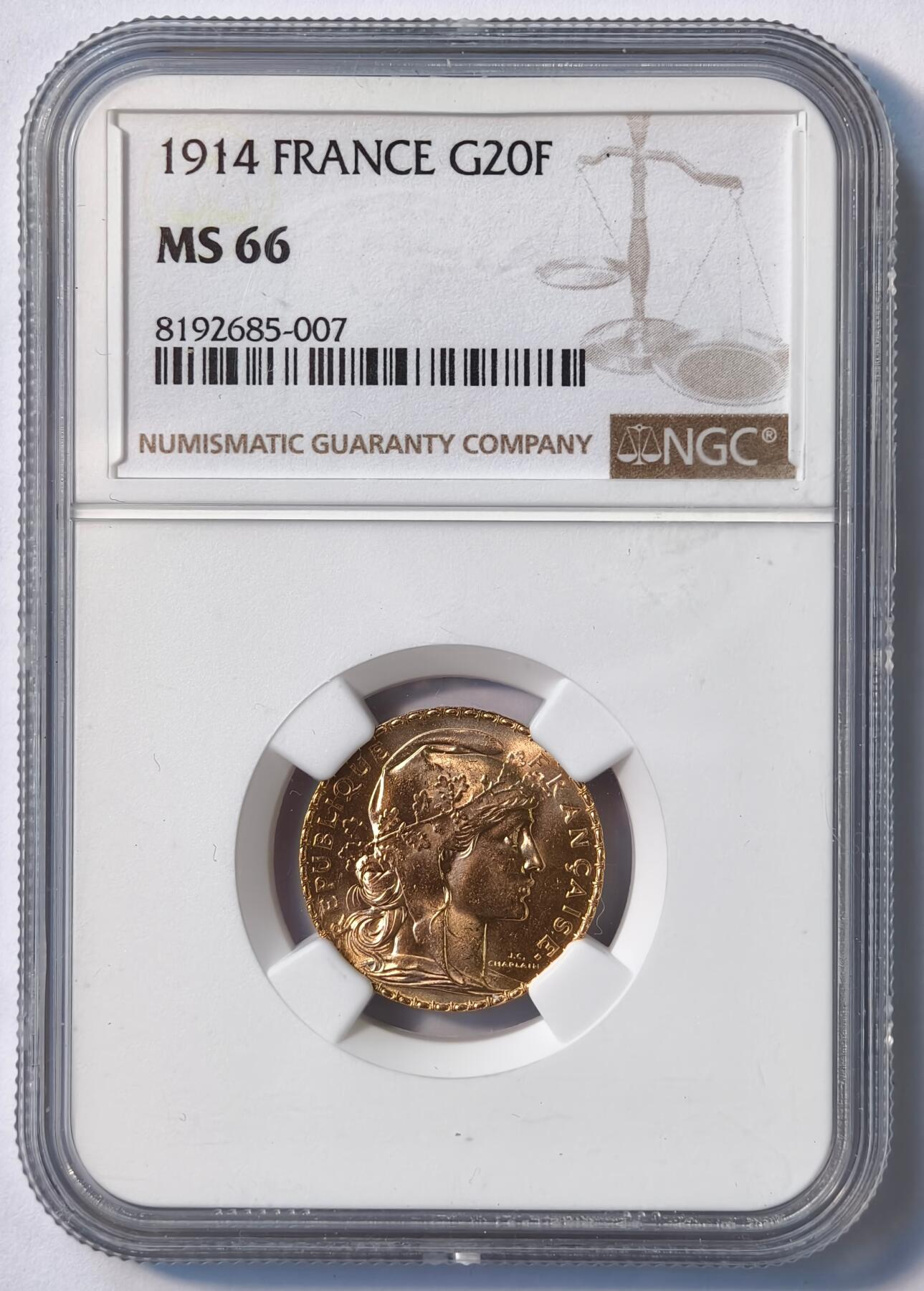 紫瑗钱币——第476期 法国 1914年 玛丽安娜 公鸡 20法郎 6.45克 0.9金 NGC MS66