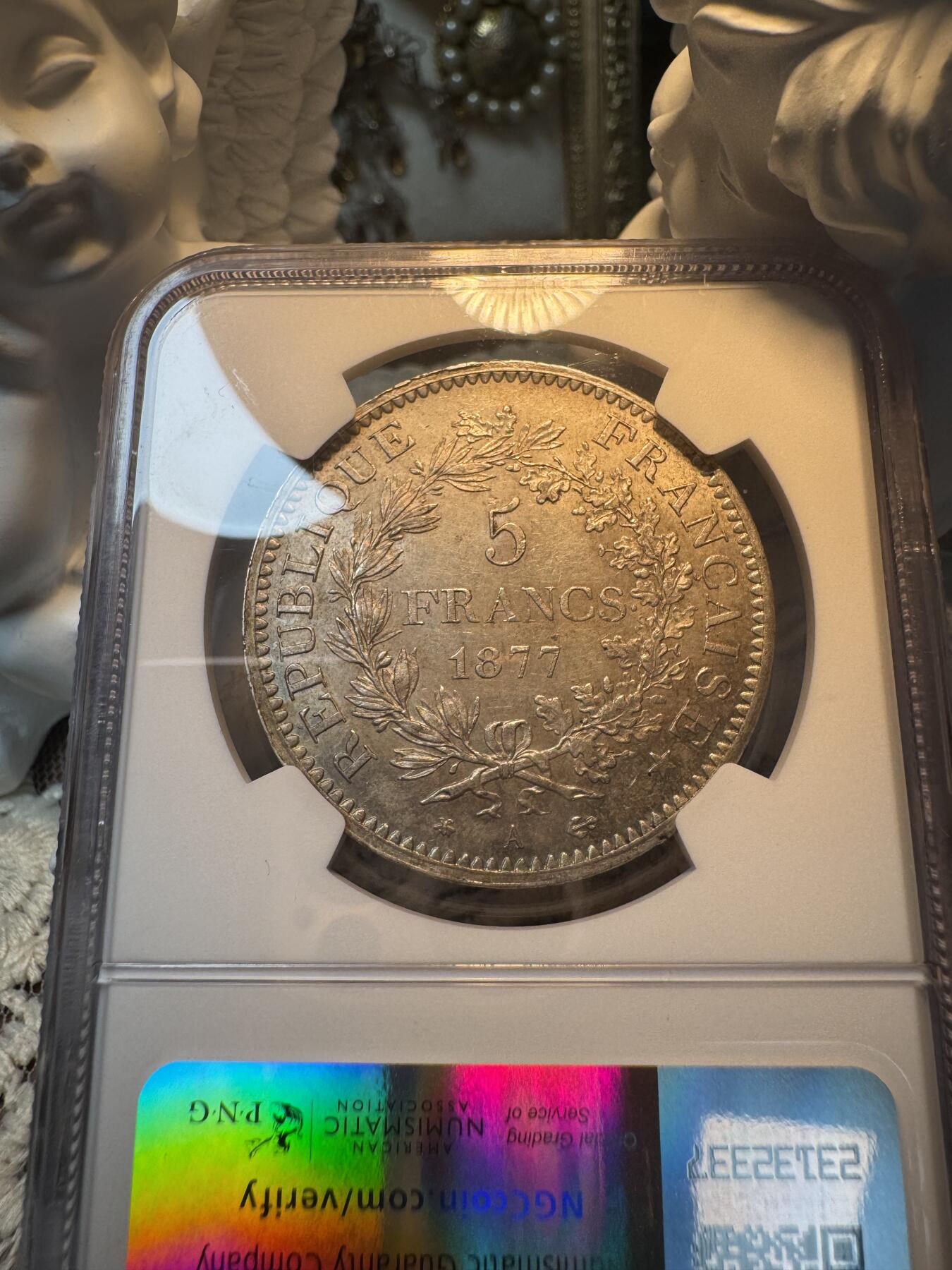 “一元初始，万象更新”新年新铺开张 全场免押0佣金 NGC MS63 1877年法国大力神5法郎，少见年份，高分更少，包浆自然