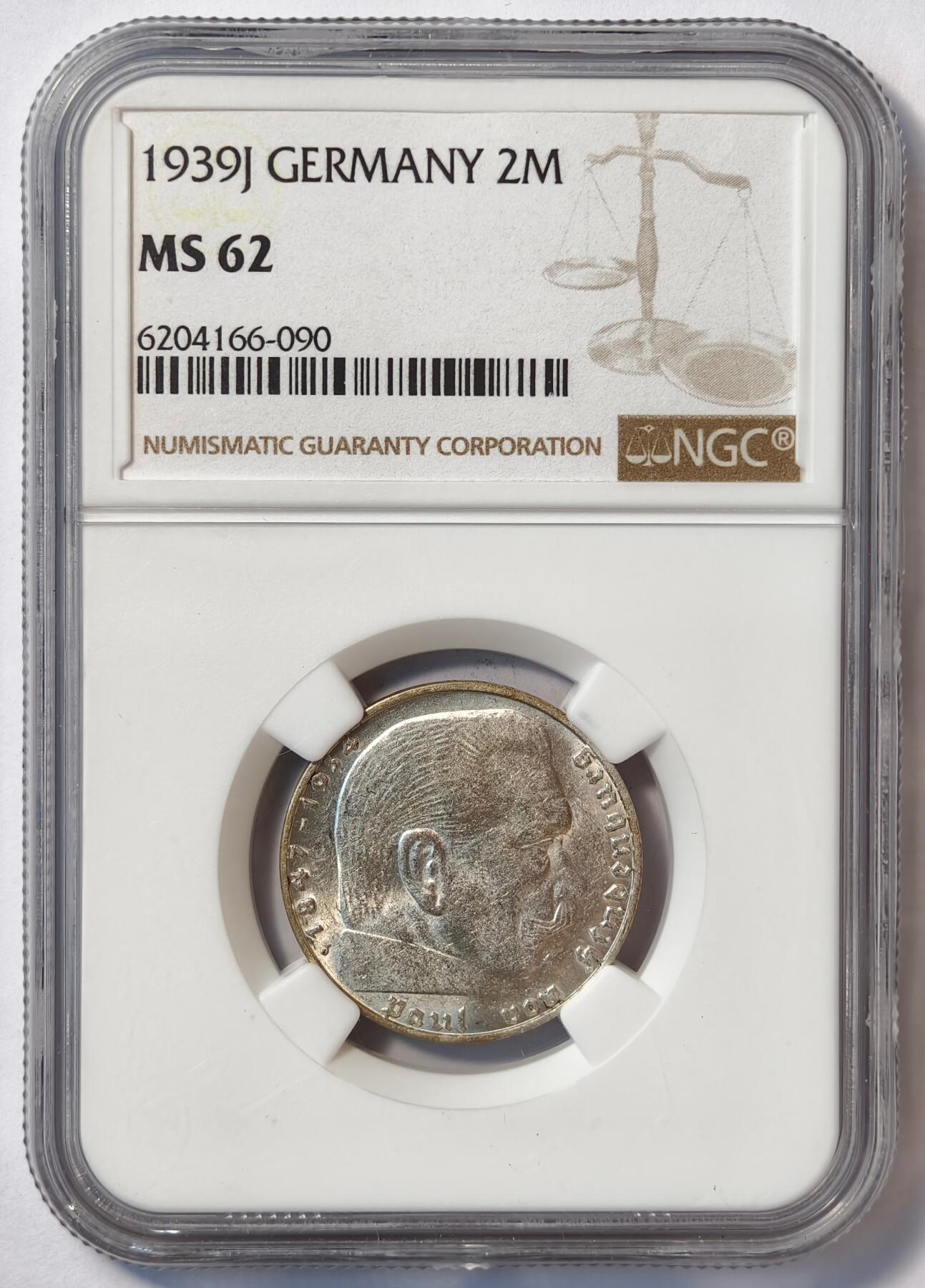 紫瑗钱币——第482期 德国 1939年 J版 兴登堡 字符 2马克 银币 NGC MS62