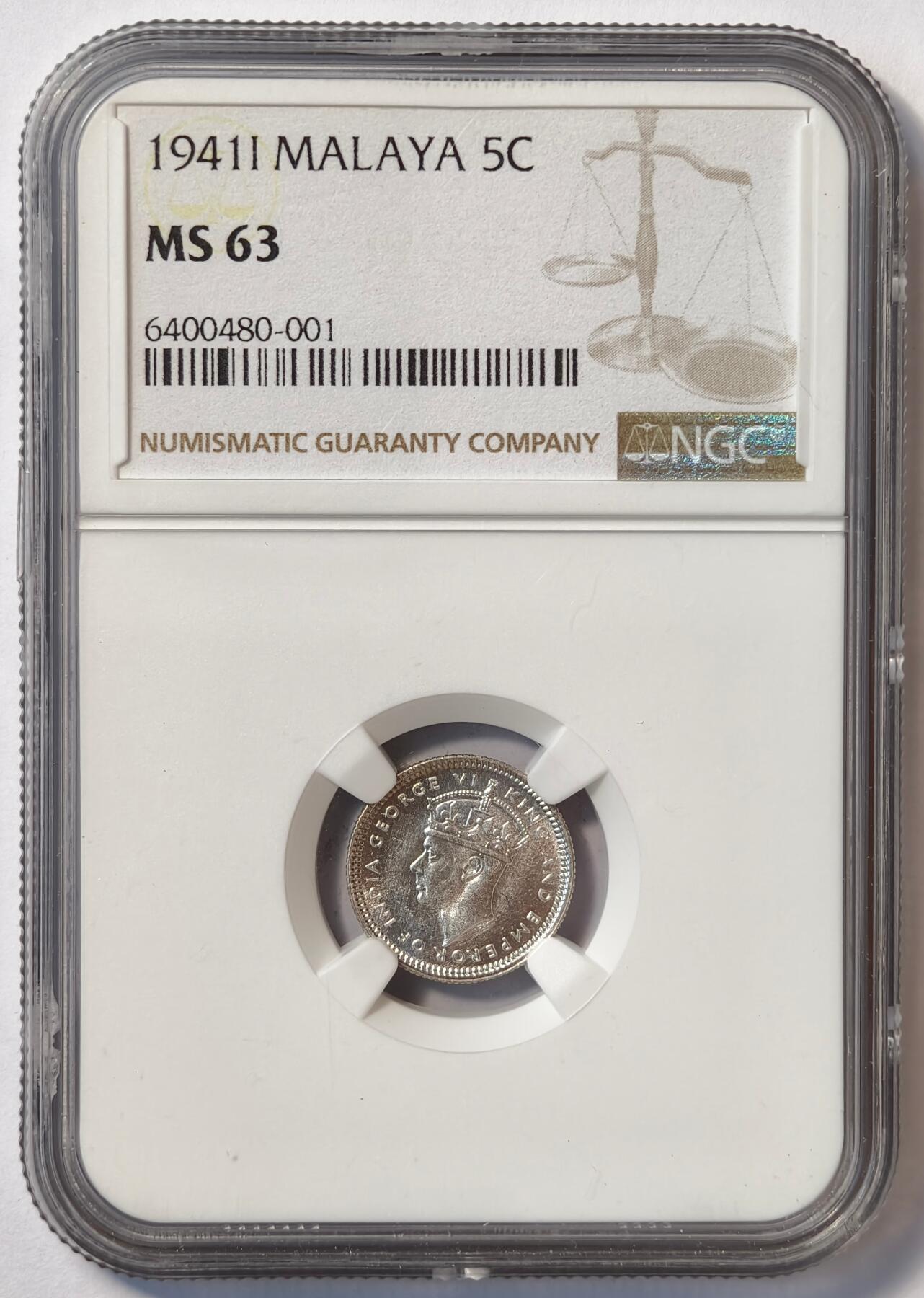 紫瑗钱币——第482期 马来亚 1941年 I版 乔治六世 5分 银币 NGC MS63