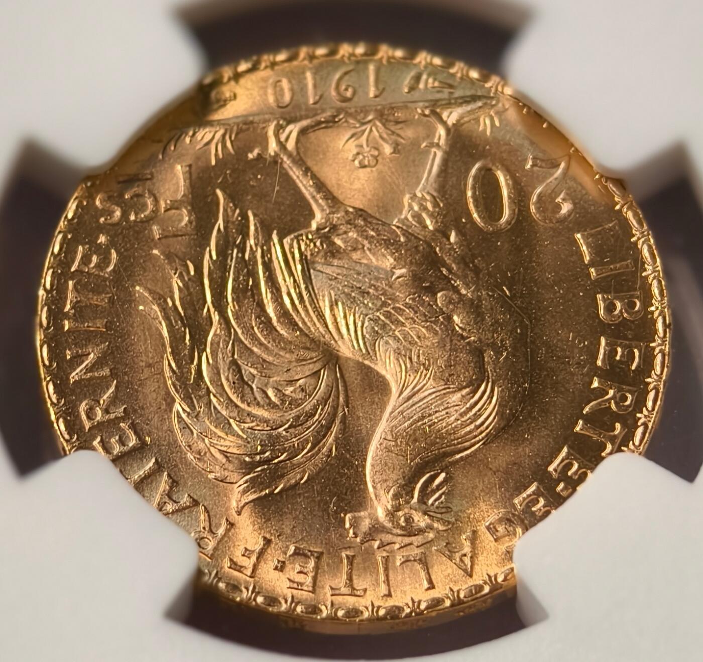 紫瑗钱币——第496期 法国 1910年 玛丽安娜 公鸡 20法郎 6.45克 0.9金 NGC MS66