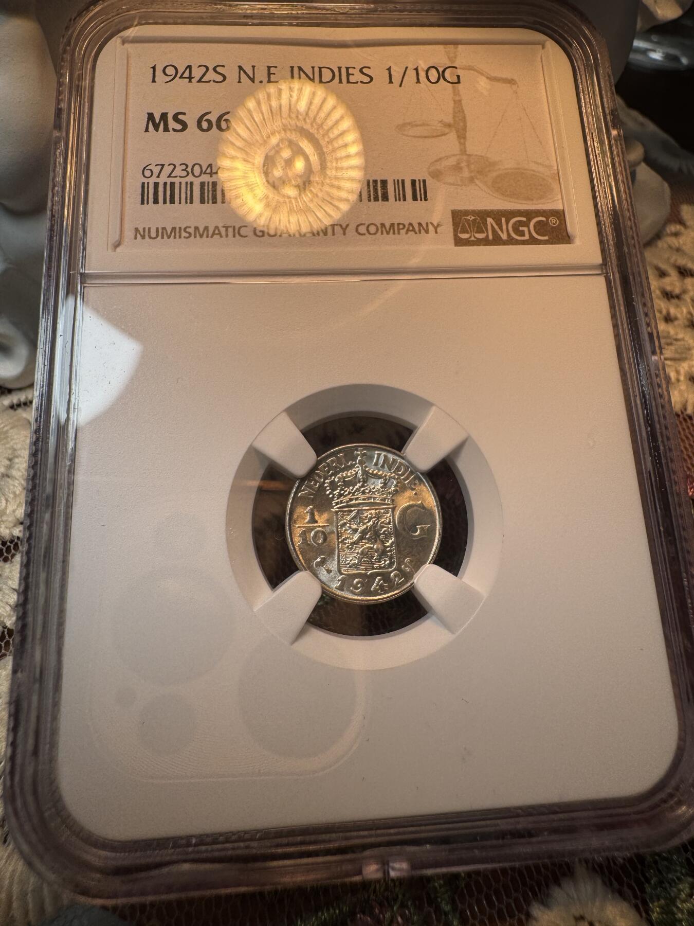 “一元初始，万象更新”新年新铺开张 全场免押0佣金 NGC MS66 1942年荷属东印度S版 1/10盾，麦稀奇所见最高分