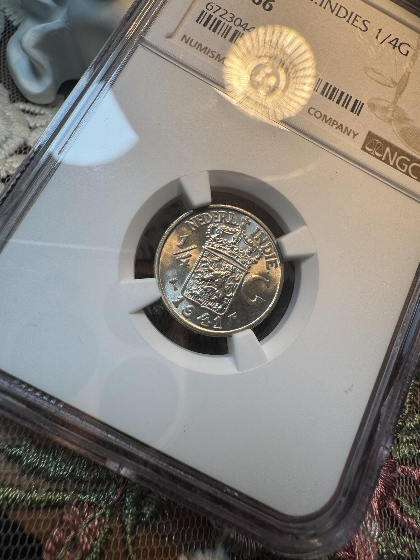 “一元初始，万象更新”新年新铺开张 全场免押0佣金 NGC MS66 1941年荷属东印度 1/4盾，P版，麦稀奇所见最高分