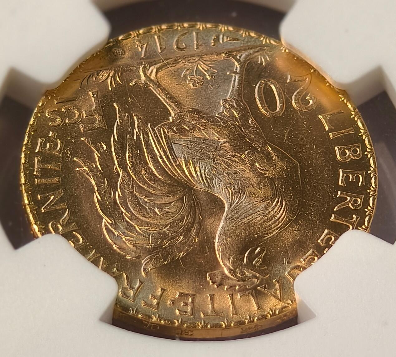 紫瑗钱币——第476期 法国 1914年 玛丽安娜 公鸡 20法郎 6.45克 0.9金 NGC MS66