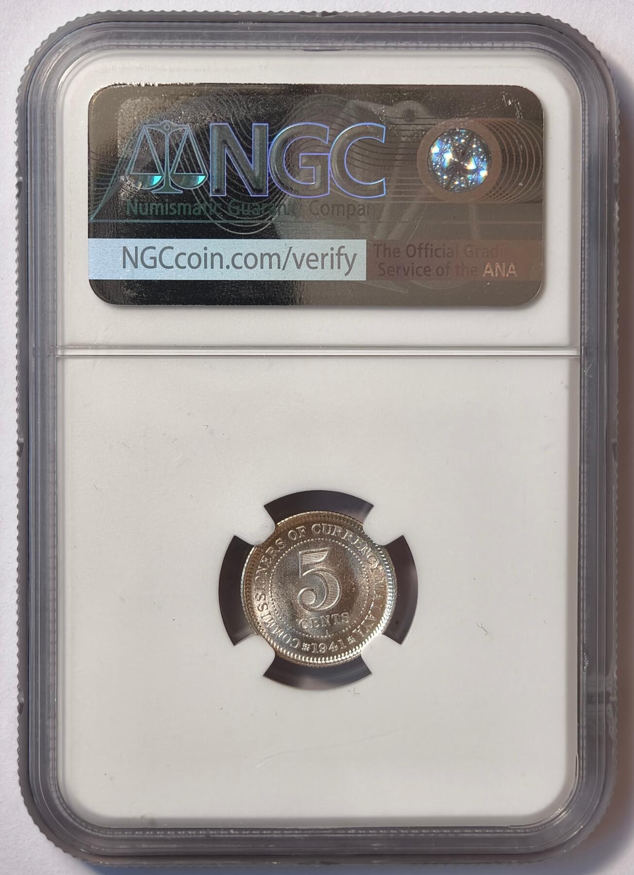 紫瑗钱币——第482期 马来亚 1941年 I版 乔治六世 5分 银币 NGC MS63