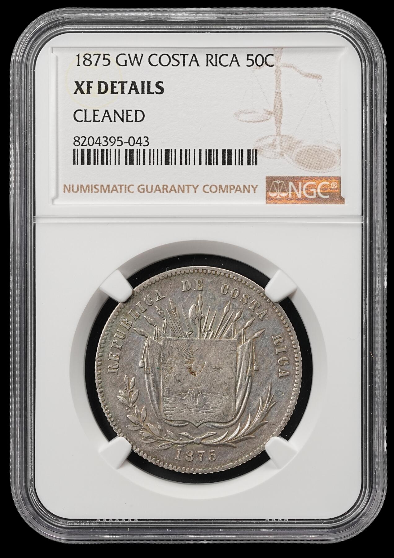 修遠堂世界钱币第五十二期 全场包邮 NGC XFD 1875年哥斯达黎加50分银币 仅仅铸造了6.9万枚 存世少见 轻微老洗