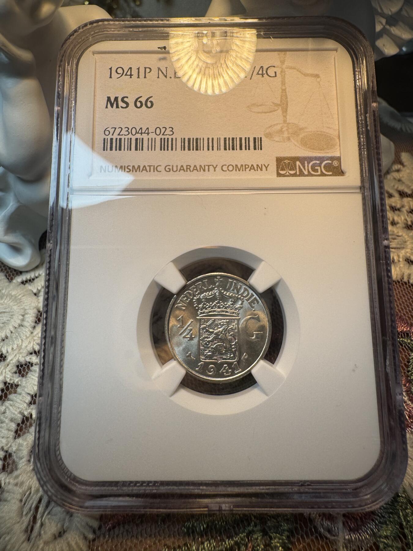 “一元初始，万象更新”新年新铺开张 全场免押0佣金 NGC MS66 1941年荷属东印度 1/4盾，P版，麦稀奇所见最高分