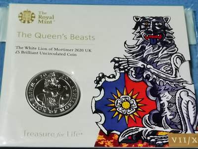 【保诚微拍51期】投资金银币专场(含一盎司南非克鲁格金币) - 英国2020年神兽系列--莫蒂默白狮5镑铜镍卡装纪念币.官方卡册