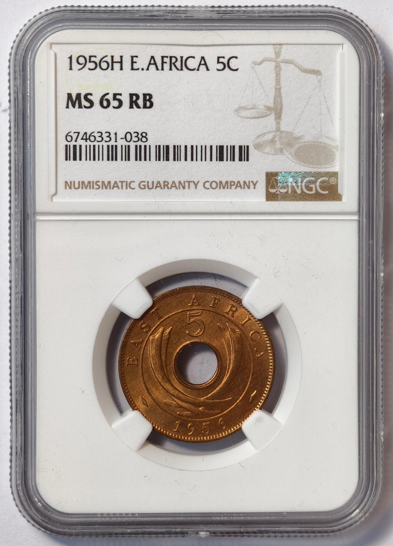 紫瑗钱币——第482期 英属东非 1956年 H版 伊丽莎白二世 5分 红铜币 NGC MS65 RB