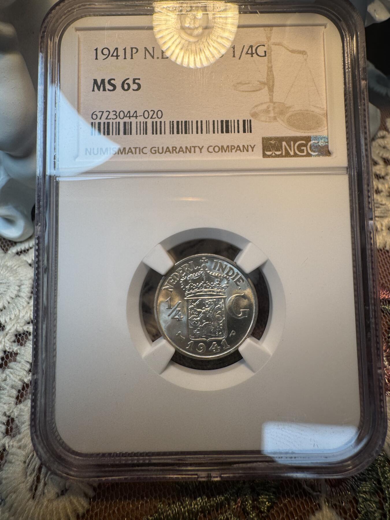 “一元初始，万象更新”新年新铺开张 全场免押0佣金 NGC MS65 1941年荷属东印度 1/4盾，P版