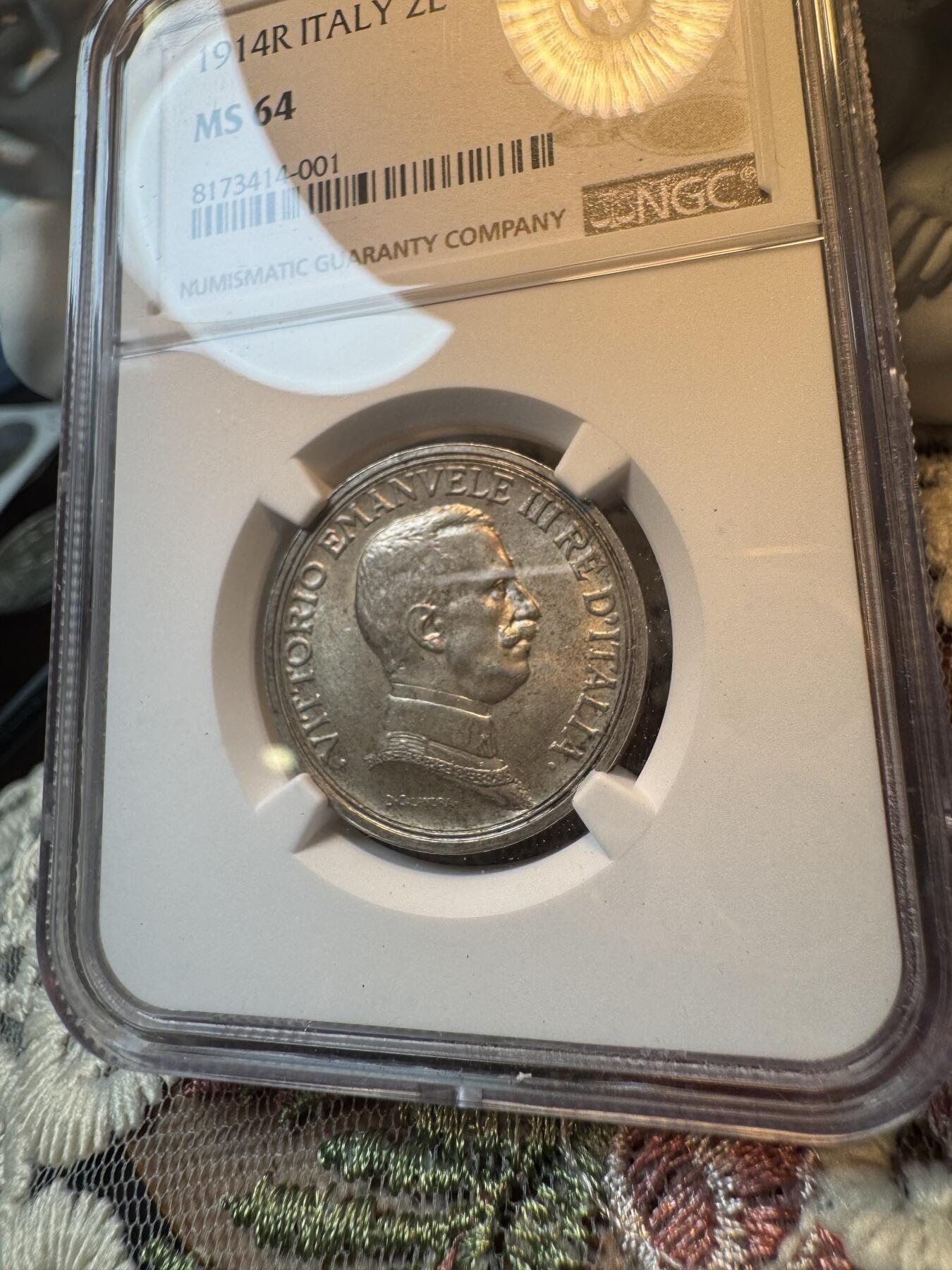 “一元初始，万象更新”新年新铺开张 全场免押0佣金 NGC MS64 1914年R意大利马车2里拉，早期年份，少见高分