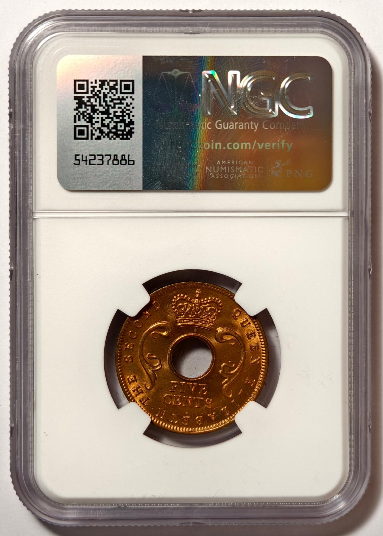 紫瑗钱币——第484期 英属东非 1956年 H版 伊丽莎白二世 5分 红铜币 NGC MS65 RB