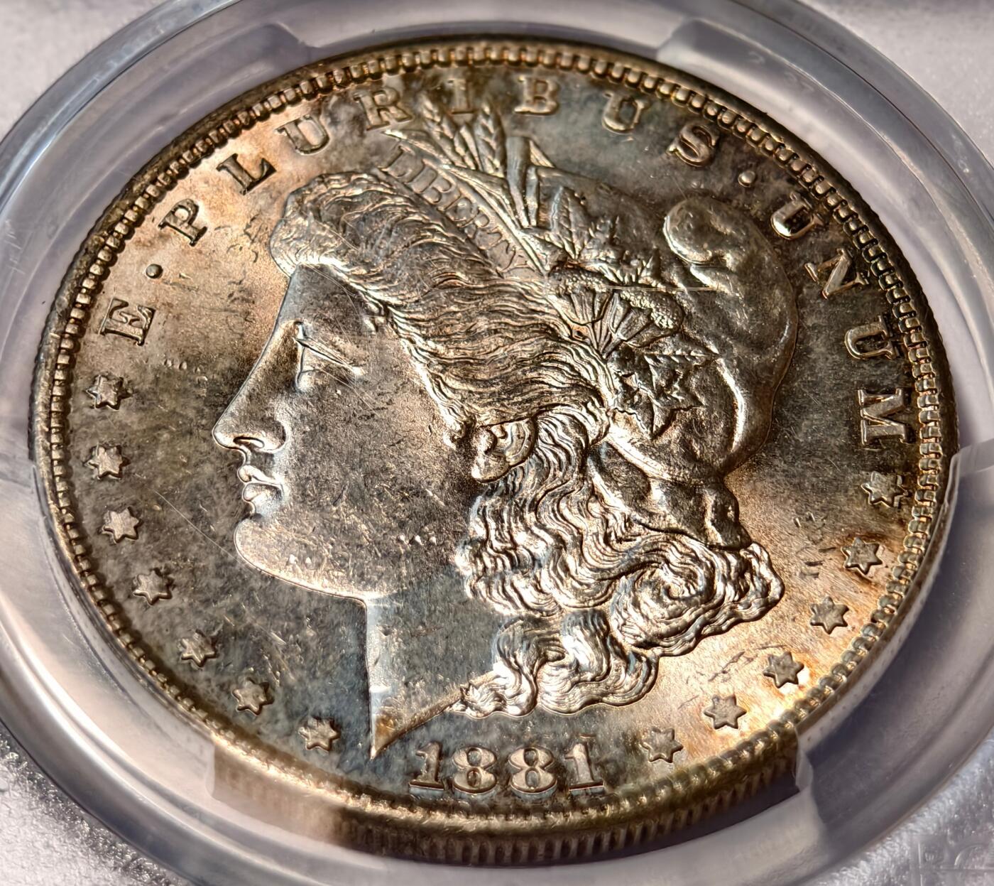 紫瑗钱币——第482期 美国 1881年 S版 摩根 大头妹 1美元 银币 PCGS MS63 淡彩