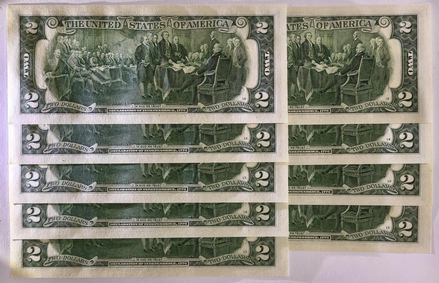 紫瑗钱币——第483期——纸币场 【双尾3 5  豹子号6】美国 托马斯.杰斐逊 2美元 UNC 9张一组 刀拆货