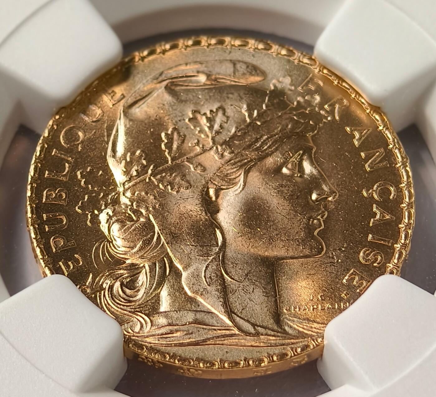 紫瑗钱币——第496期 法国 1910年 玛丽安娜 公鸡 20法郎 6.45克 0.9金 NGC MS66
