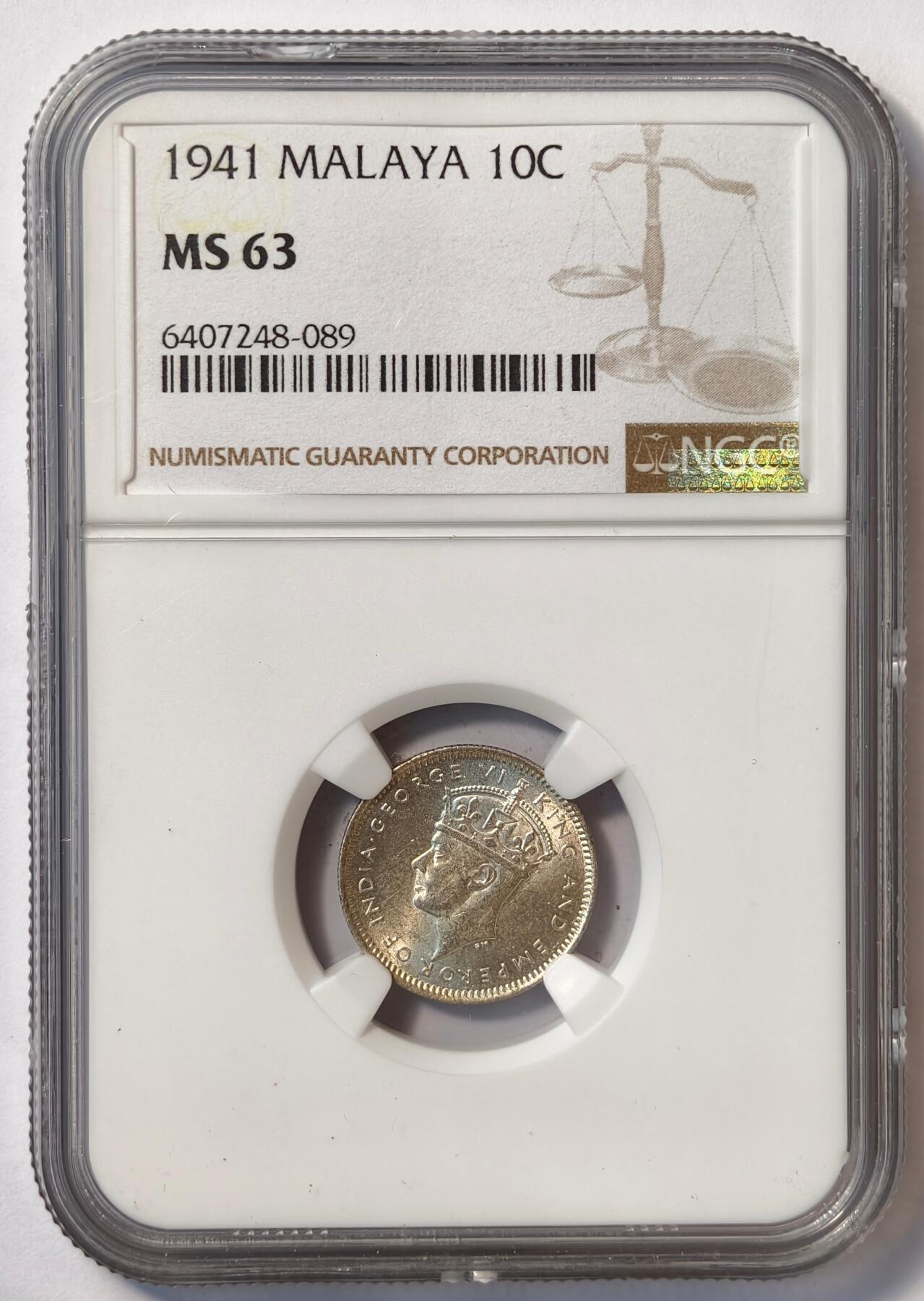 紫瑗钱币——第482期 马来亚 1941年 乔治六世 10分 银币 NGC MS63