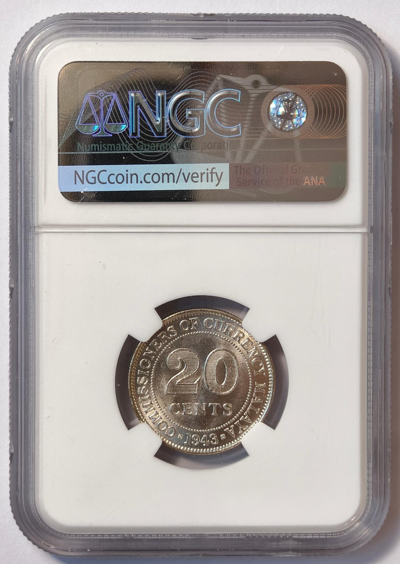 紫瑗钱币——第482期 马来亚 1943年 乔治六世 20分 银币 NGC MS64