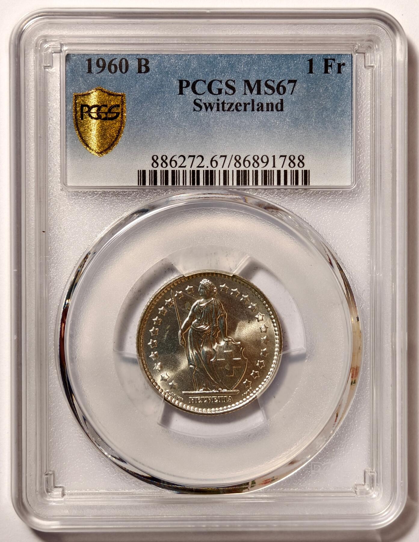紫瑗钱币——第484期 瑞士 1960年 B版 赫尔维蒂亚 1法郎 银币 PCGS MS67 高分