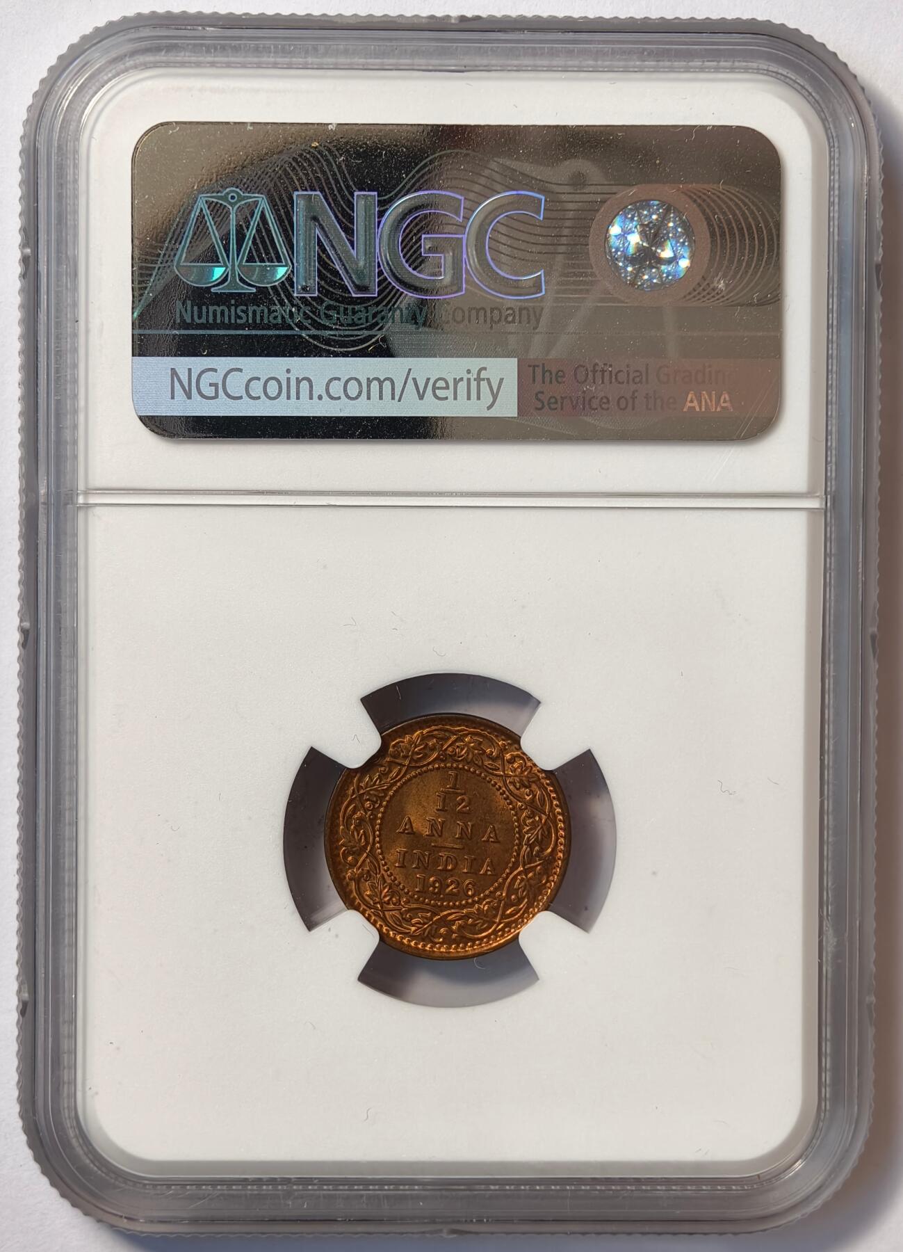 紫瑗钱币——第482期 英属印度 1926年 B版 乔治五世 1/12安娜 铜币 NGC MS65 RB