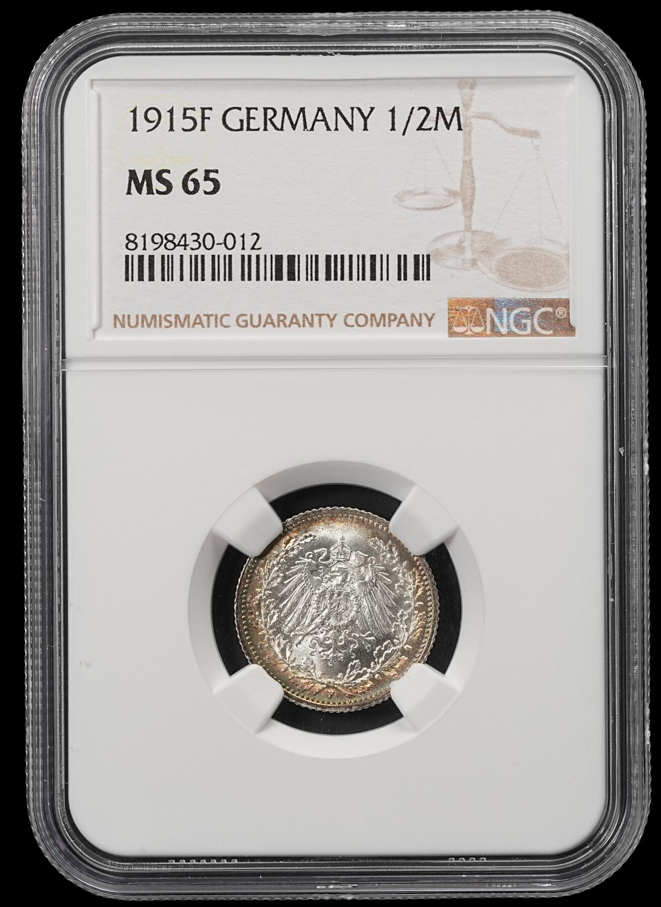 修遠堂世界钱币第五十二期 全场包邮 NGC MS65 1915年德国1/2马克银币 F厂铭