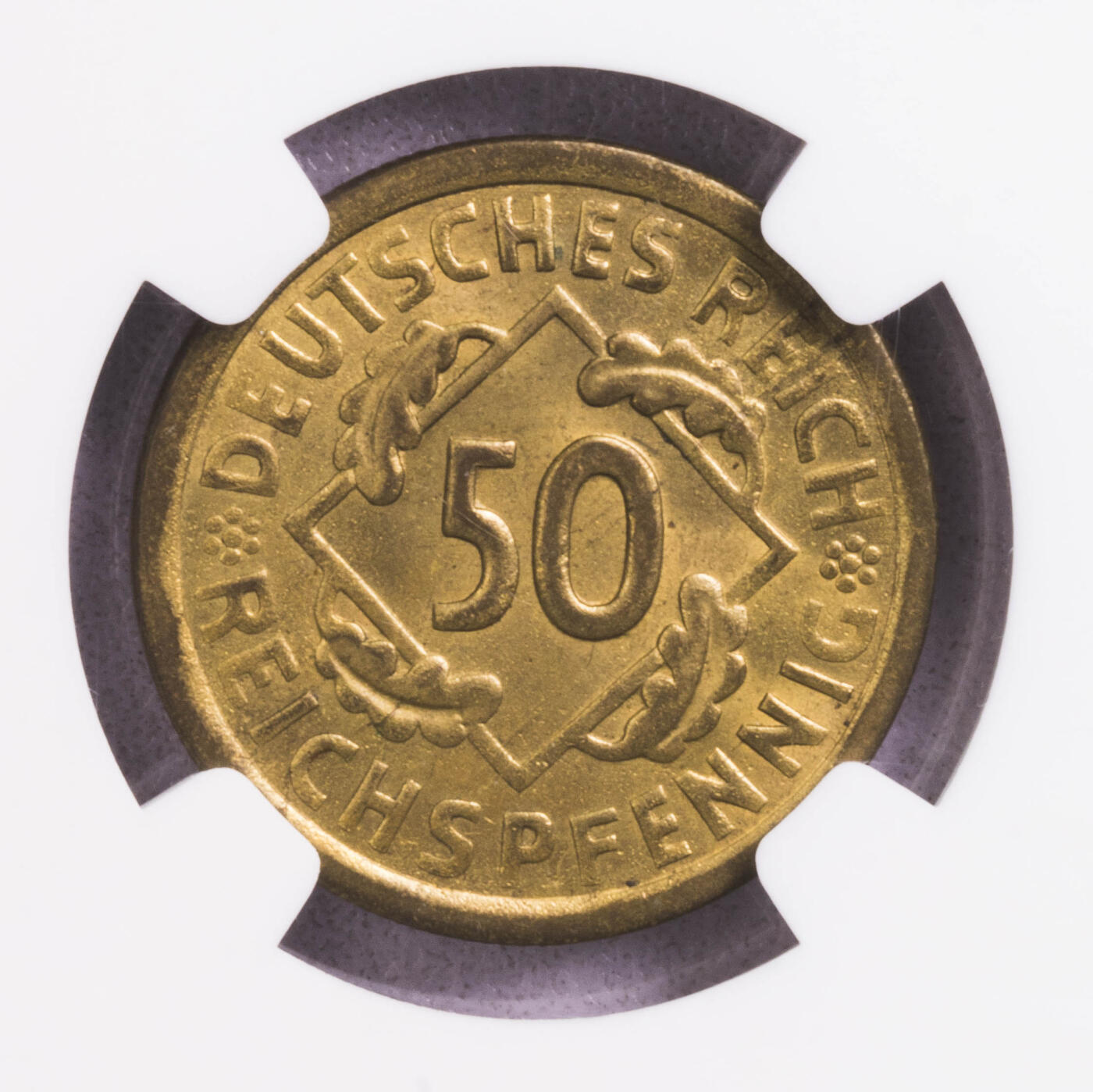 NGC-MS65 1924A德国魏玛50芬尼铜币 亚军魏玛大筋