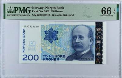 《张总收藏》181期-外币精品百拍特别场 挪威2002年200克朗PMG66E无4 Pick#50a全息初版 挪威地球物理学家伯克兰