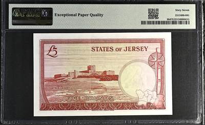 《张总收藏》181期-外币精品百拍特别场 泽西5镑 PMG67E 1963年 戎装女王 无47