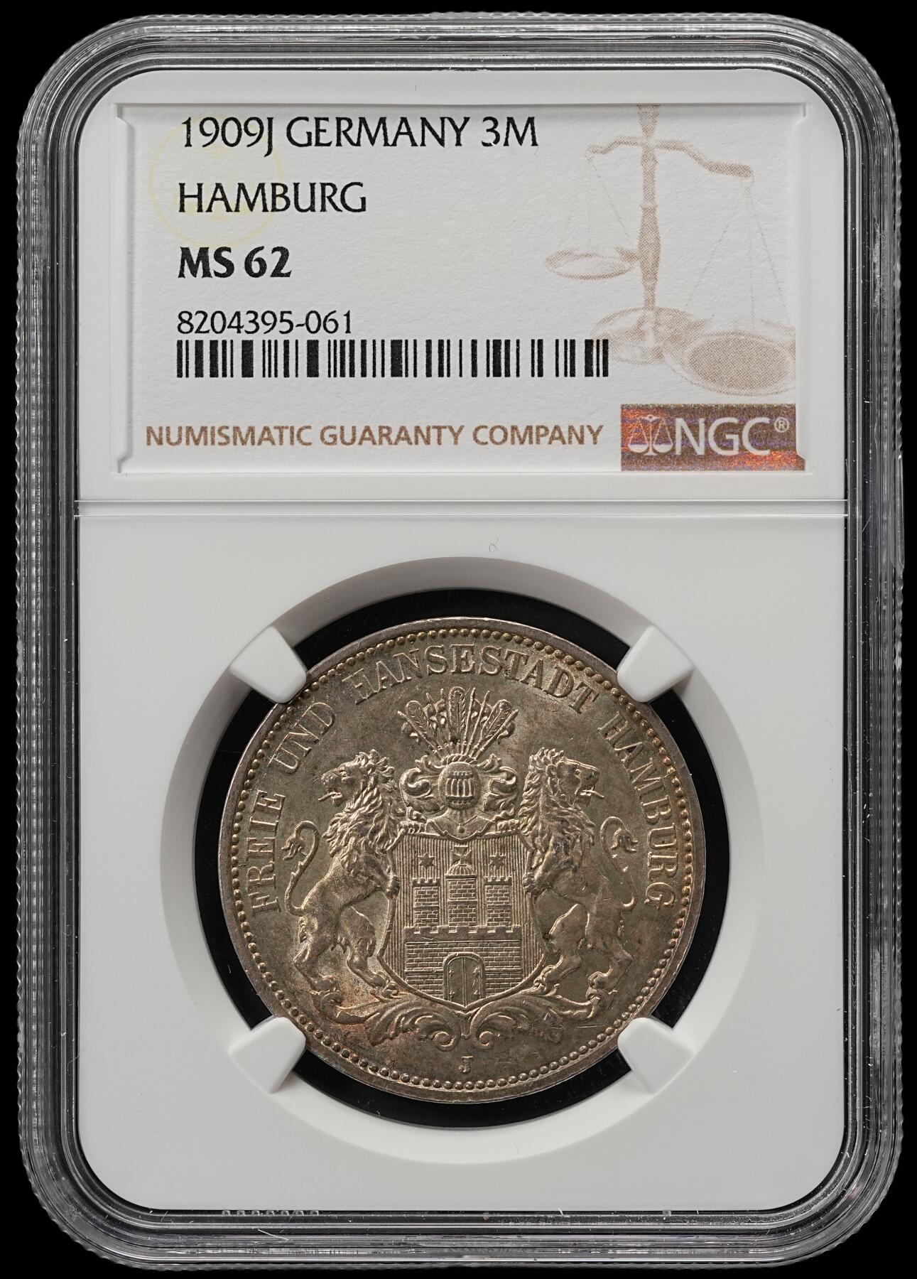 修遠堂世界钱币第五十二期 全场包邮 NGC MS62 1909年汉堡3马克银币