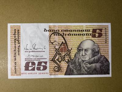 《张总收藏》181期-外币精品百拍特别场 爱尔兰5镑 UNC 1993年 爱尔兰哲学家埃里金纳 局部荧光