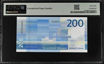 《张总收藏》181期-外币精品百拍特别场 挪威2016年200克朗PMG68E亚军分无47 鳕鱼 冠军69分仅7张