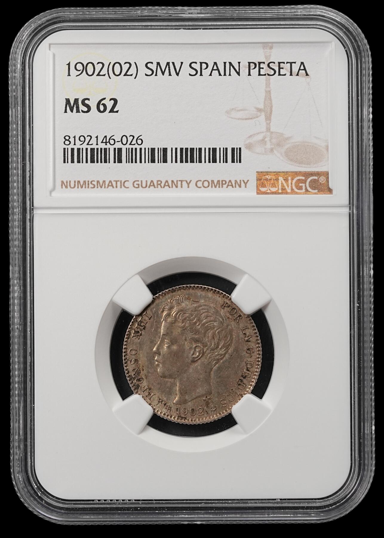 修遠堂世界钱币第五十二期 全场包邮 NGC MS62 1902年西班牙1 PESETA双柱银币 少见的年份